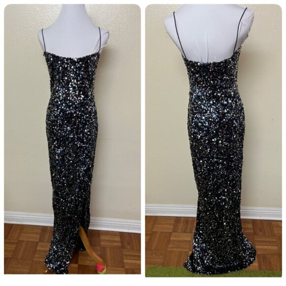 Nookie Confetti Sequined Formal Black Tie Long Gown Medium in Navy - Picture 2 of 12